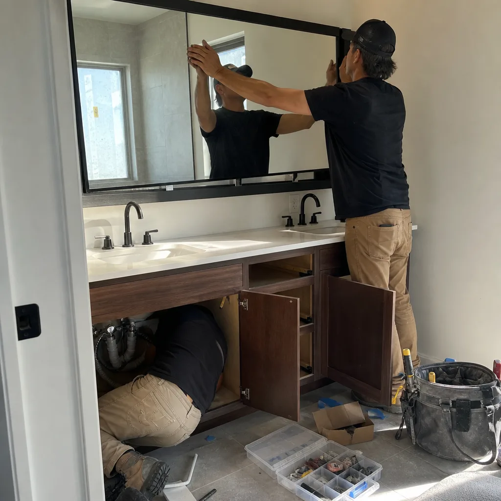 Contractors installing a bathroom mirror and plumbing during a professional renovation.