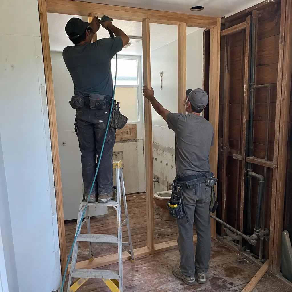 Two construction workers framing a bathroom wall for a home renovation project