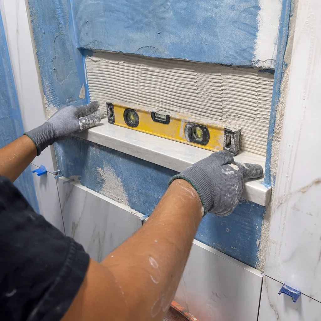 Contractor installing marble shower niche sill during bathroom remodeling project