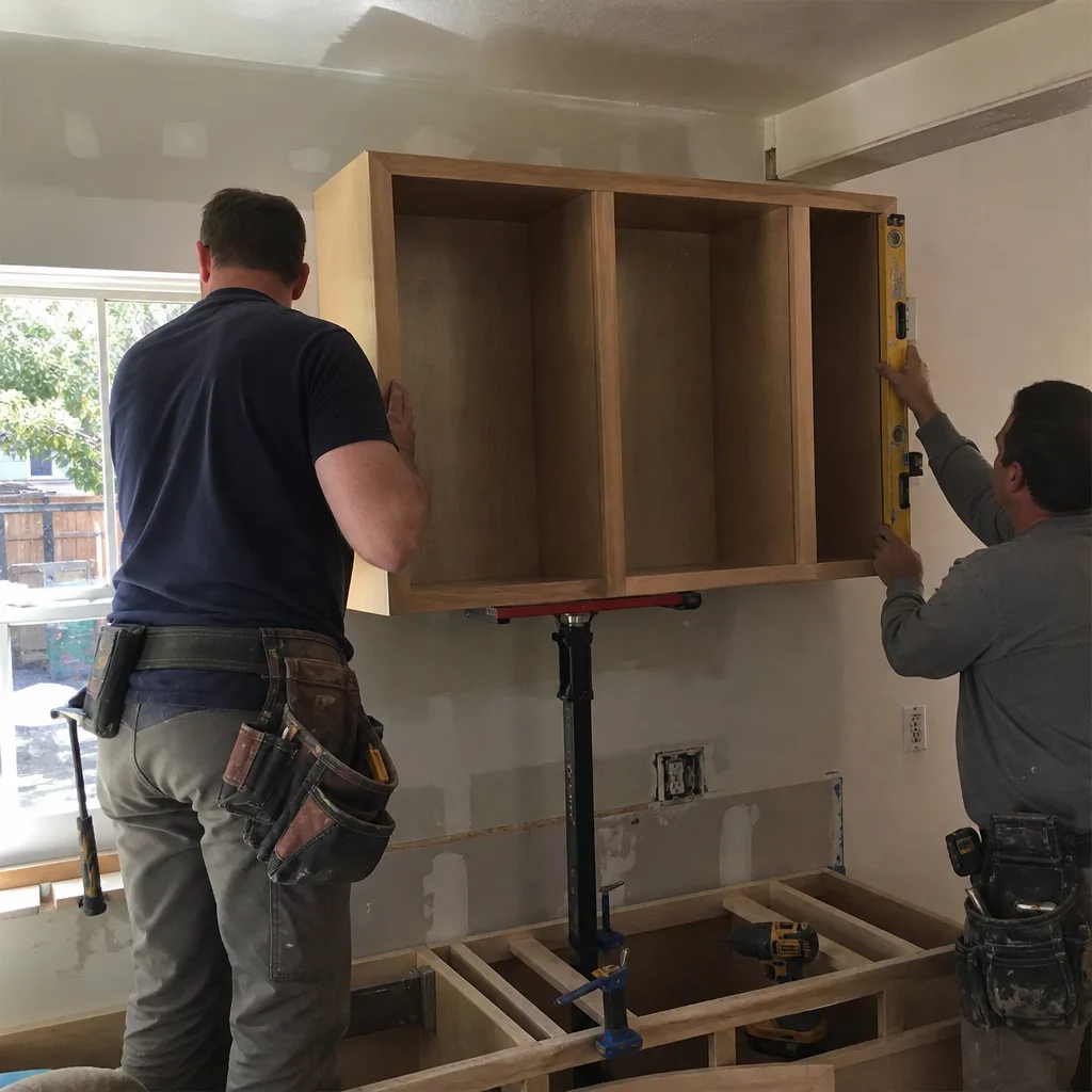 Two contractors installing custom kitchen wall cabinets during a home renovation.