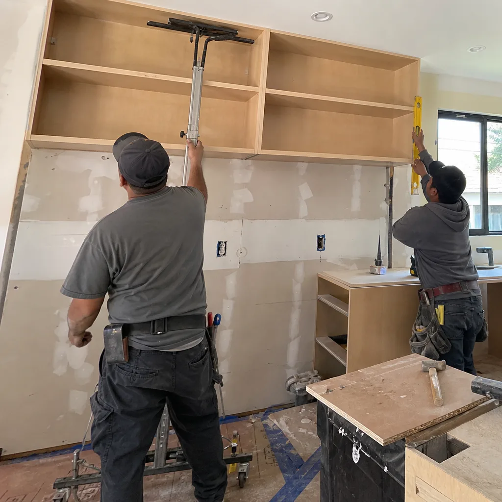 Two professional contractors installing kitchen cabinets during a home remodeling project